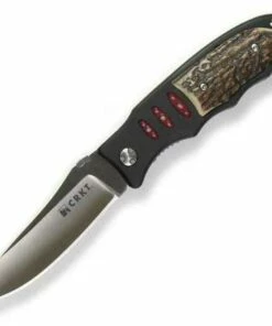 CRKT 7122S Lake Sentinal, 3.5" AUS 8 Plain Blade, Anodized Aluminum Handle w/Stag Onlay