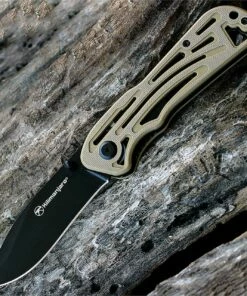 Kilimanjaro, 910022, Caula folder, 3.4 in. Drop Point Black Satin Blade, Tan Handle