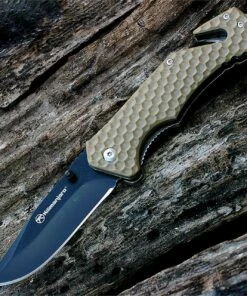 Kilimanjaro, 910032, UTAC folder, 3.5 in. Drop Point Black Satin Blade, Tan Handle