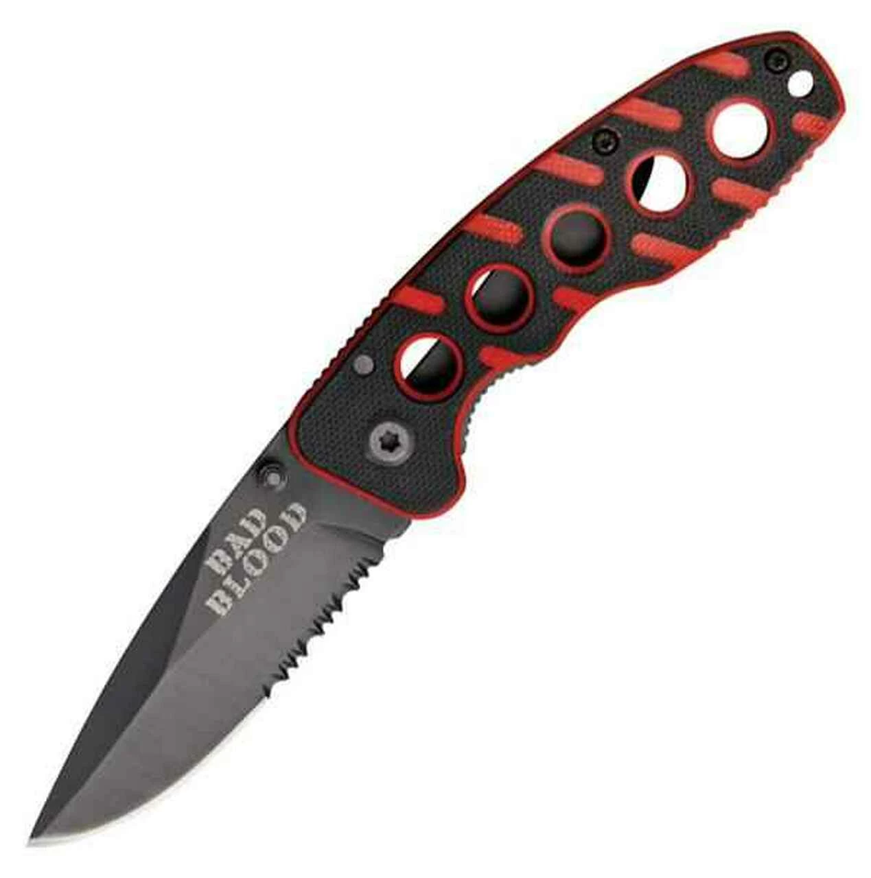 Bad Blood 0110 Framelock, 2.5" 440 SS Combo Blade, Black/Red G-10 Handle 1 Bad Blood 0110 Framelock, 2.5" 440 SS Combo Blade, Black/Red G-10 Handle