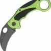 Benchmark Venom Karambit. 2 1/2" black finish stainless curved blade with thumb hole. Neon green aluminum handles.