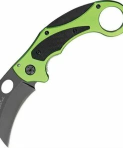 Benchmark Venom Karambit. 2 1/2" black finish stainless curved blade with thumb hole. Neon green aluminum handles.