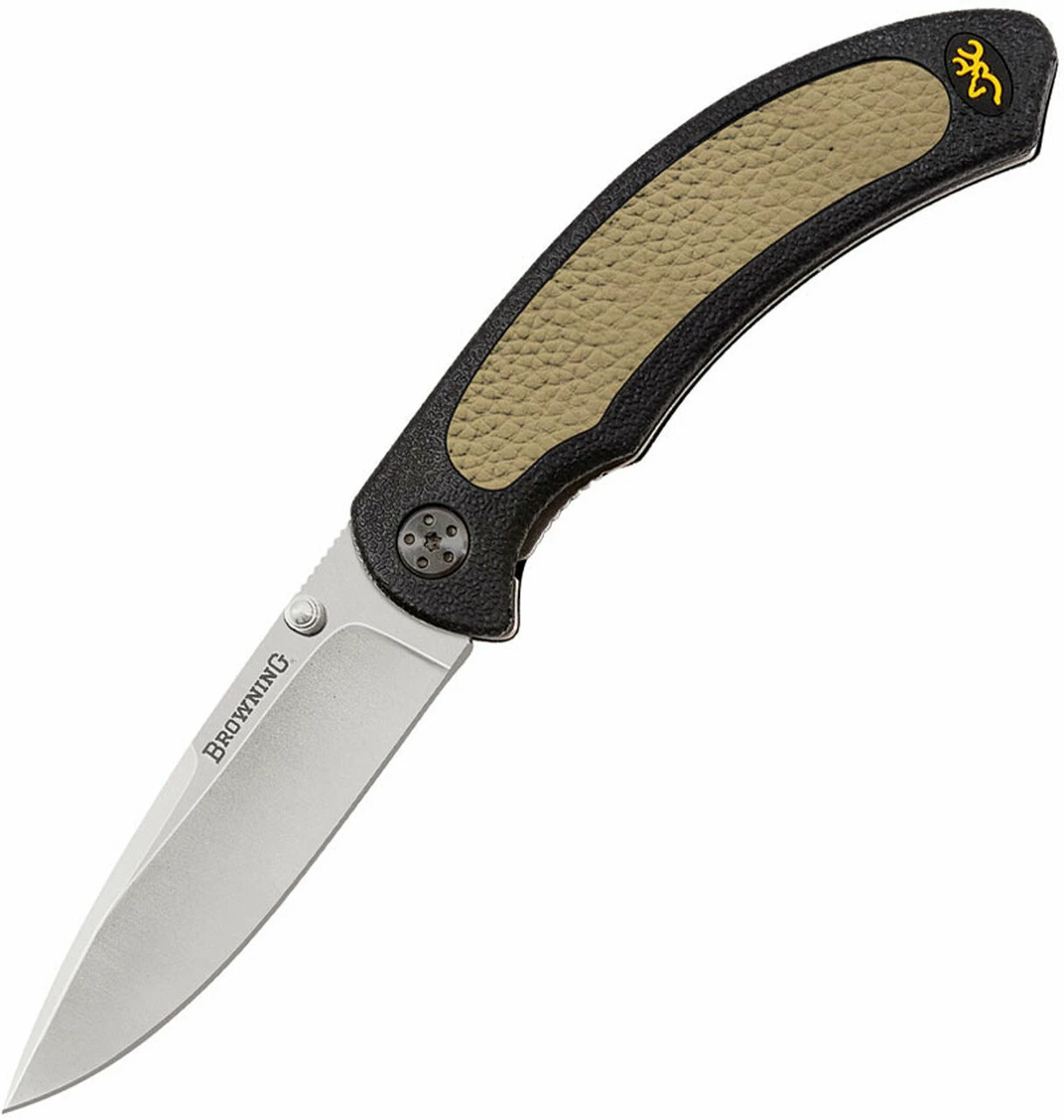 Browning Knives Browning Cayman Folder, Tan Rubberized Inserts, 440 SS Drop Point Blade 1 Browning Knives Browning Cayman Folder, Tan Rubberized Inserts, 440 SS Drop Point Blade