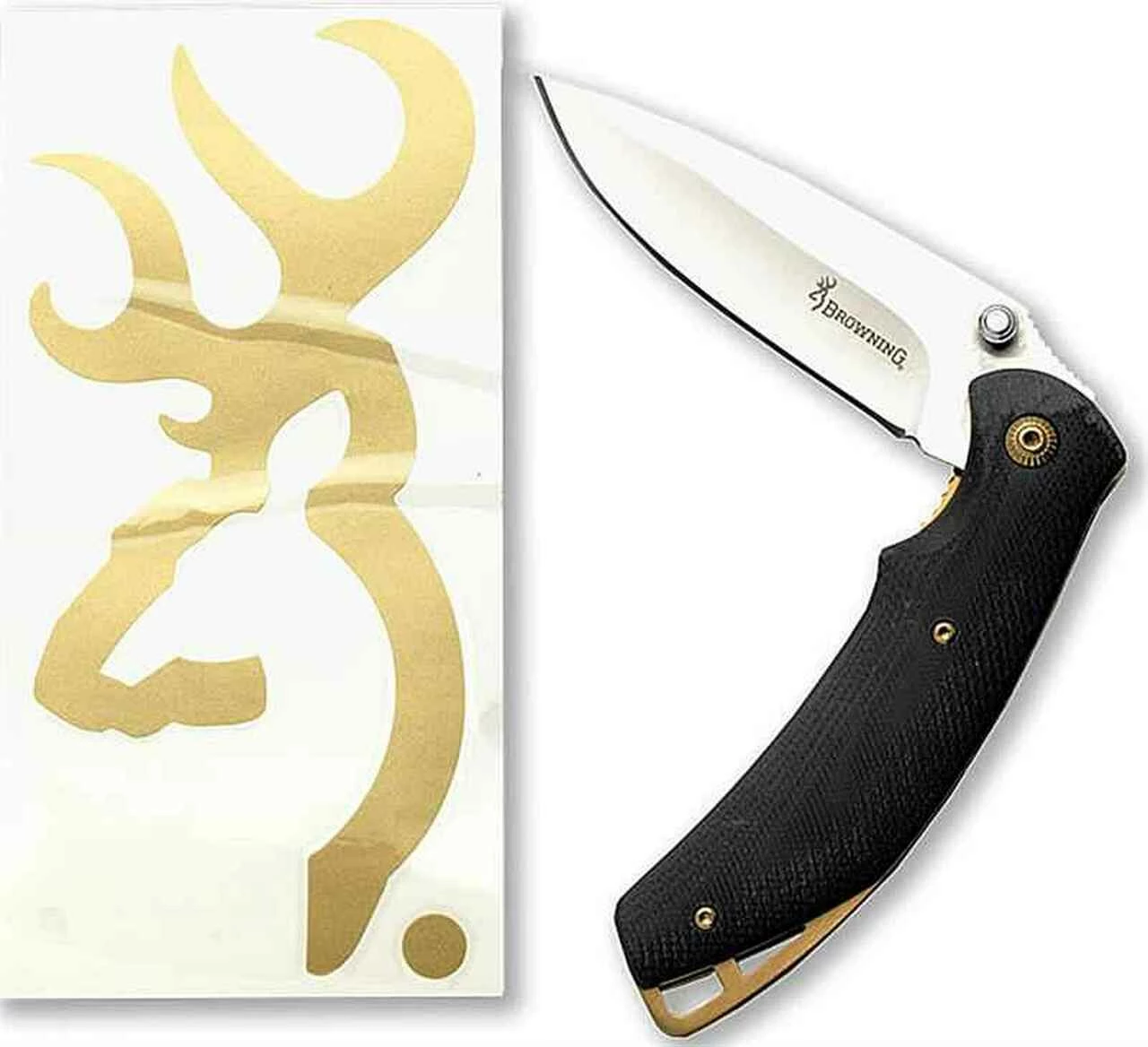 Browning Knives Browning Buckmark Combo, Gold/Black Knife, Gold Buckmark Decal 1 Browning Knives Browning Buckmark Combo, Gold/Black Knife, Gold Buckmark Decal