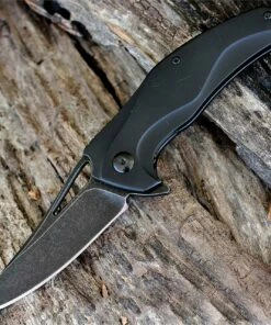 Brous Blades The Exo D2 Acid Stonewashed Finish Blade, Black Titanium Handle flipper