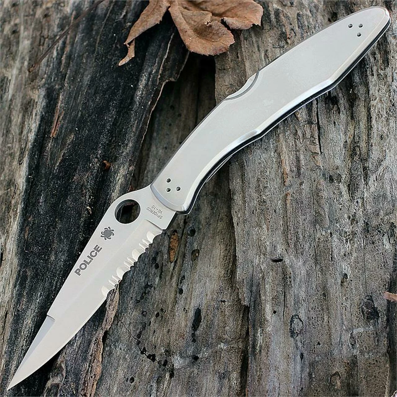 Spyderco Knives Spyderco C07PS Police, 4.125" VG-10 Combo Blade, Stainless Steel Handle 1 Spyderco Knives Spyderco C07PS Police, 4.125" VG-10 Combo Blade, Stainless Steel Handle