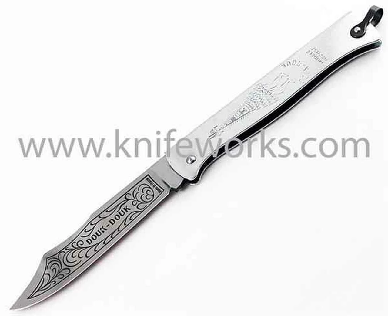 Douk-Douk Folder Silver, 3 5/16" Carbon Steel Blade w/ Douk-Douk Scroll Etching. 1 Douk-Douk Folder Silver, 3 5/16" Carbon Steel Blade w/ Douk-Douk Scroll Etching.