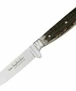 Linder Jagdnicker Classic Hunter,4 1/4" Stainless Blad, Black Leather Covered Scabbard w/ Silver Finish Metal Trim