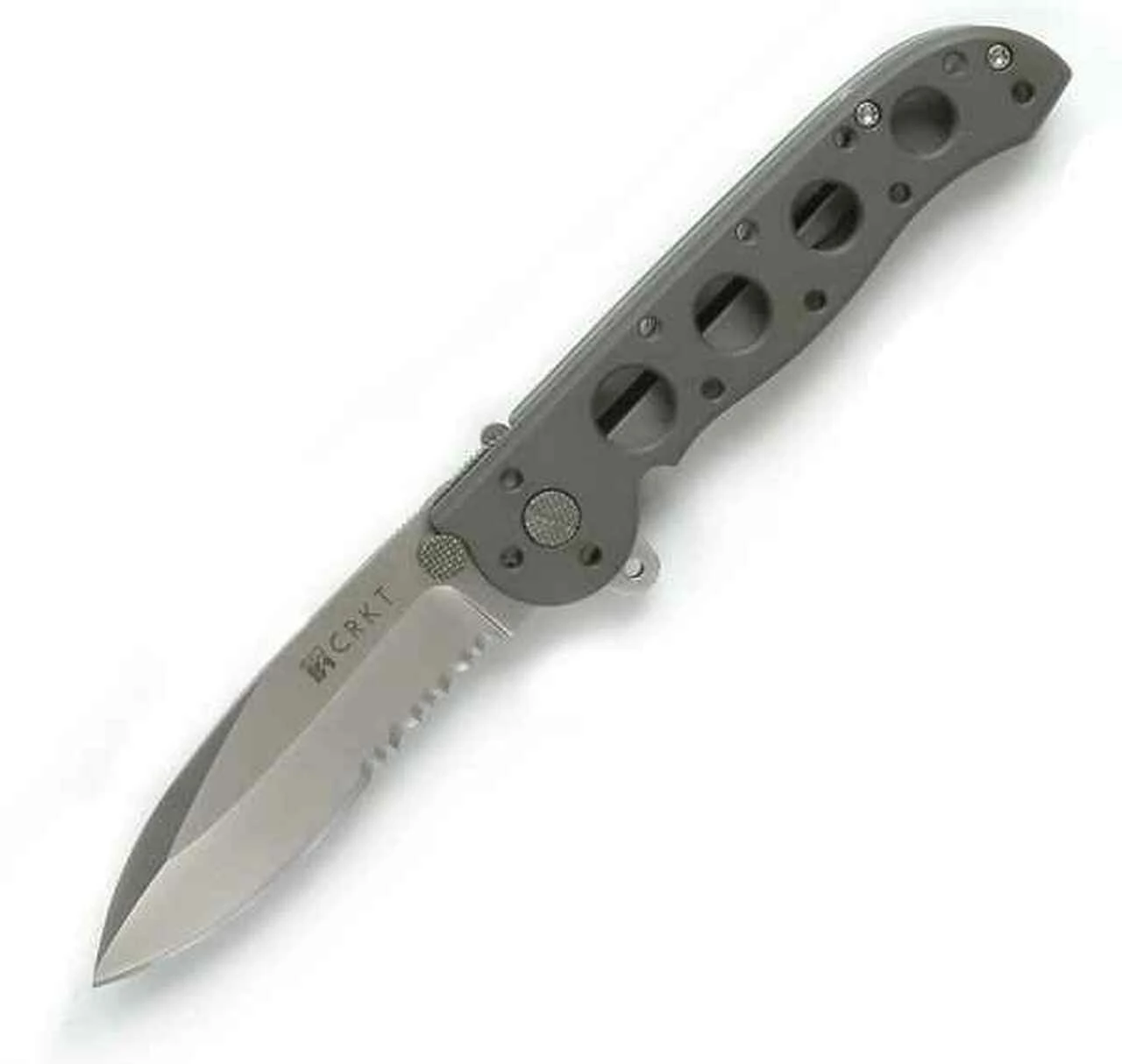 CRKT M21-12 Spear Point, 3" AUS8 Combo Blade, Grey Anodized Aluminum Handle 1 CRKT M21-12 Spear Point, 3" AUS8 Combo Blade, Grey Anodized Aluminum Handle