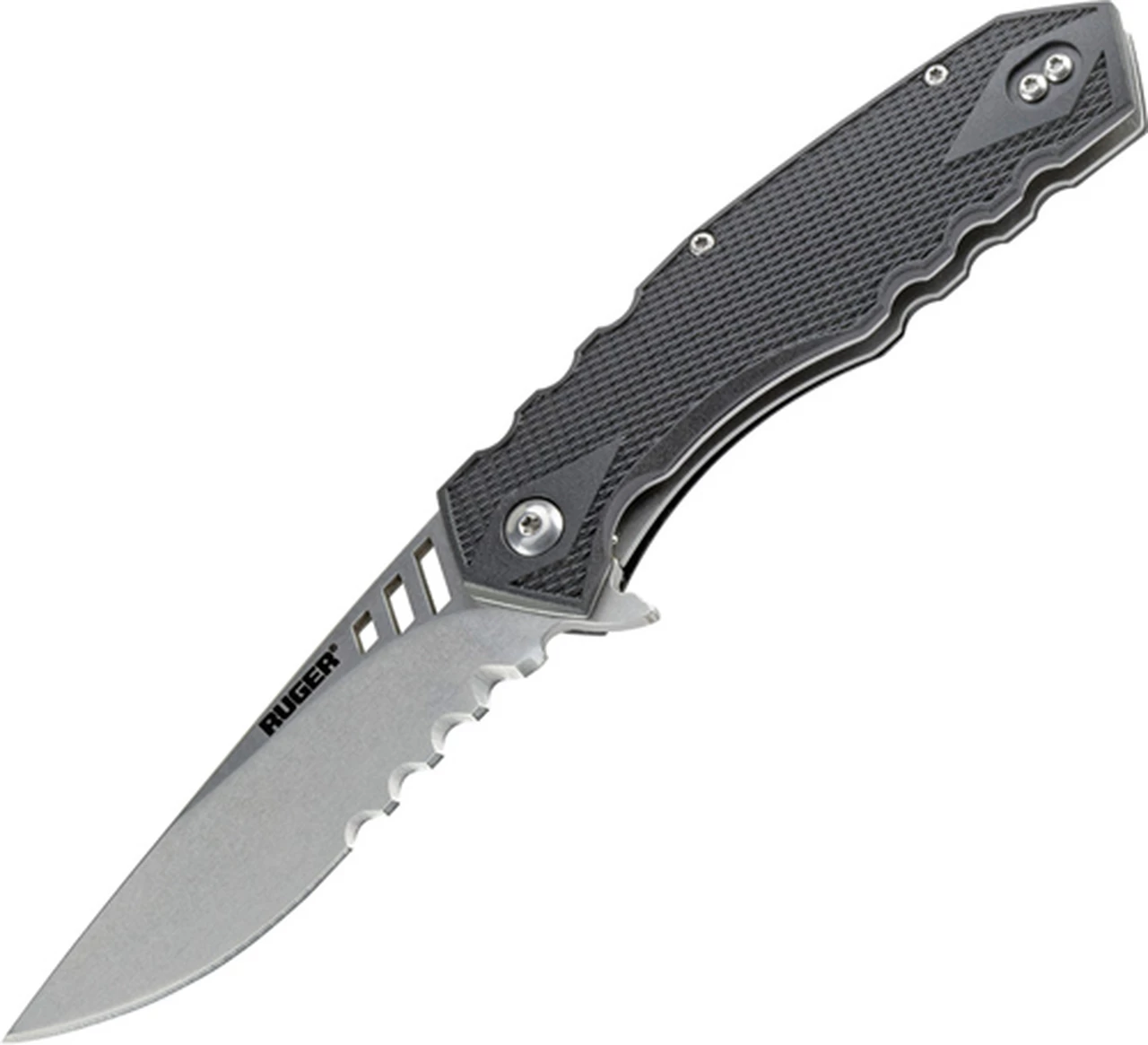 CRKT Ruger 1704 Follow-Through Compact, 3.25 in. Drop Point Combo Blade, Matthew Lerch Design Linerlock Folding Knife 1 CRKT Ruger 1704 Follow-Through Compact, 3.25 in. Drop Point Combo Blade, Matthew Lerch Design Linerlock Folding Knife