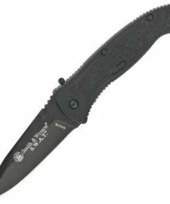 Smith and Wesson Smith & Wesson Small Black S.W.A.T. Linerlock. Black finish handles. Black finish blade. Plain edge blade. 3 1/4" closed. Assisted opening