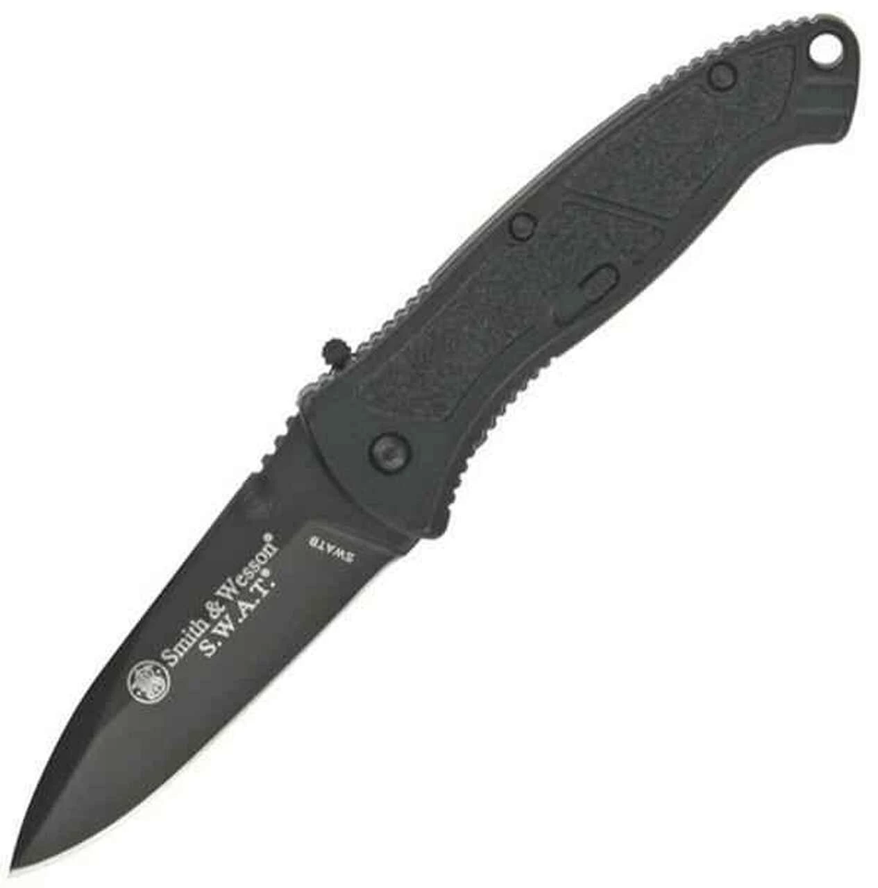 Smith and Wesson Smith & Wesson Small Black S.W.A.T. Linerlock. Black finish handles. Black finish blade. Plain edge blade. 3 1/4" closed. Assisted opening 1 Smith and Wesson Smith & Wesson Small Black S.W.A.T. Linerlock. Black finish handles. Black finish blade. Plain edge blade. 3 1/4" closed. Assisted opening