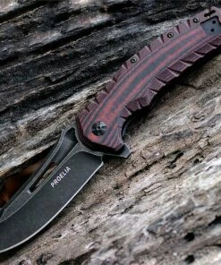 Proelia Knives, TX020RB, 4 in. Drop Point Blade, Black Stonewashed, Red and Black G10 Handle