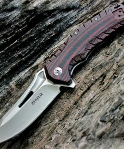Proelia Knives, TX020RW, 4 in. Drop Point Blade, Stonewashed, Red and Black G10 Handle-Discontinued