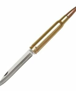 United Cutlery UC2736 .50 Caliber Bullet Knife, 4" SS Plain Blade, Brass Plated Cast Metal Handle