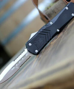 CobraTec Black FS-X OTF Knife CTKLBLKFS-XLDAG2SS, 3.75" D2 Steel Dagger Double Serrated Blade, Black Aluminum Handle