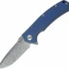 Reate Knives 011 Mini Horizon Framelock Blue Grooved Titanium, 3.5 in Damascus Plain Blade