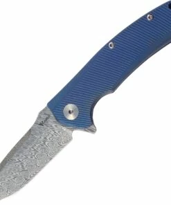 Reate Knives 011 Mini Horizon Framelock Blue Grooved Titanium, 3.5 in Damascus Plain Blade