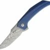 Reate Knives 019 Strar Boy Framelock Damascus Blue Titanium, 3.25 in Damascus Plain Blade