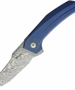 Reate Knives 019 Strar Boy Framelock Damascus Blue Titanium, 3.25 in Damascus Plain Blade