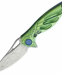 Rike Knife MINI Hummingbird Framelock, 1.57" Damascus Plain Blade, Green Titanium Handle
