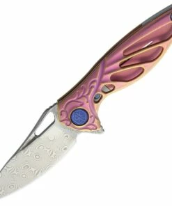 Rike Knife MINI Hummingbird Framelock, 1.57" Damascus Plain Blade, Pink Titanium Handle