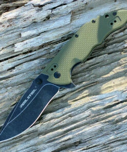 Real Steel 5113 E77, 3.23" 8Cr14MoV Plain Blade, OD Green Checkered G-10 Handle