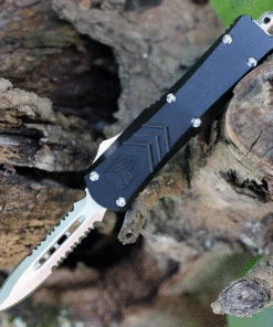 CobraTec Black FS-X OTF Knife CTKSBLKFS-XSDAG2SS, 2.75" D2 Steel Dagger Serrated Blade, Black Aluminum Handle