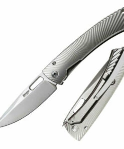 LionSteel TS-1 TiSpine Shiny Gray TS1GS, 3.35" M390 Satin Plain Blade, Titanium Handle