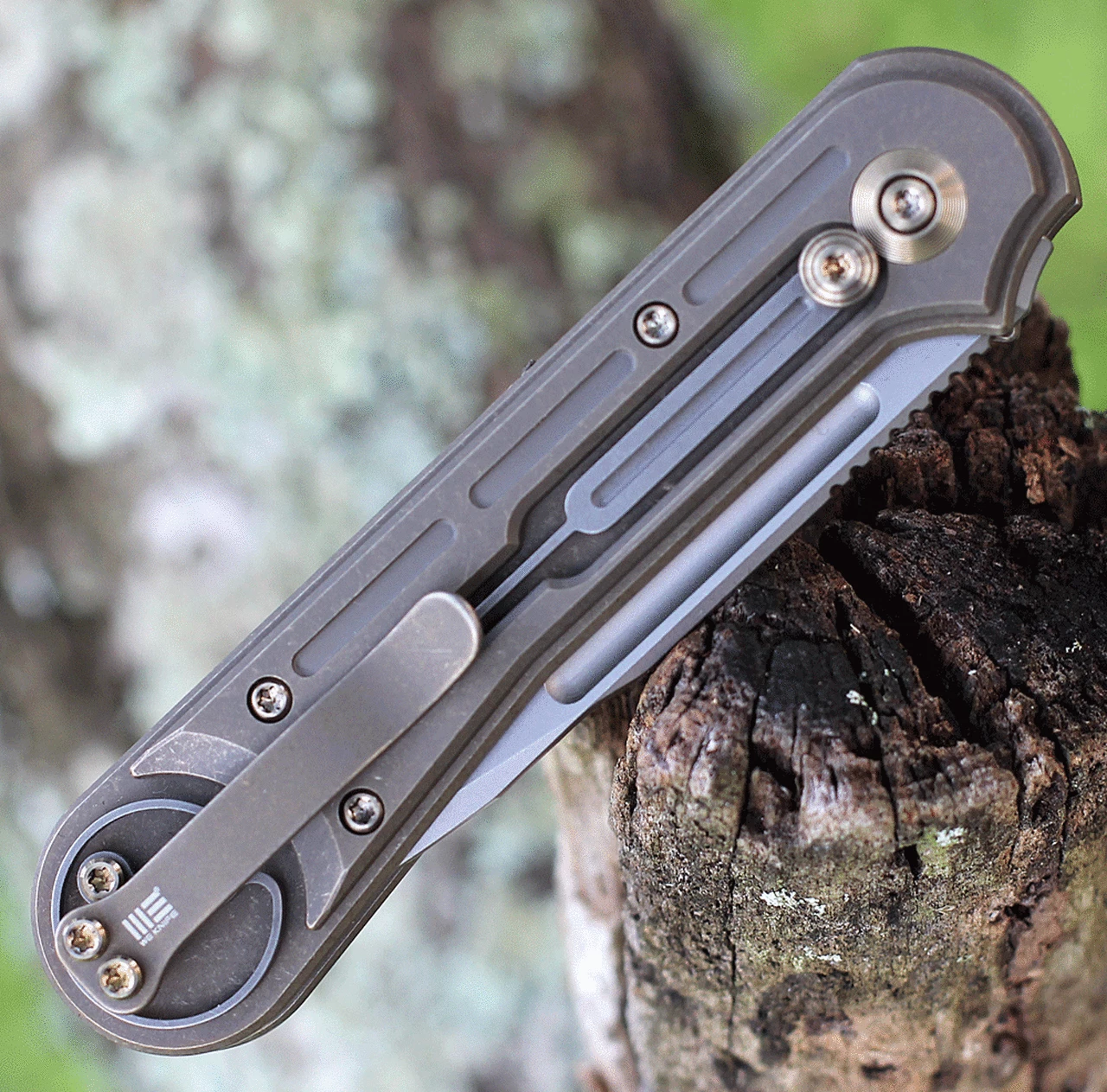 We Knife Co. We Knife Double Helix Folder 815B, 3.3" CPM S35VN Stonewash Drop Point Plain Blade, Bronze Titanium Handle 3 We Knife Co. We Knife Double Helix Folder 815B, 3.3" CPM S35VN Stonewash Drop Point Plain Blade, Bronze Titanium Handle - Image 3