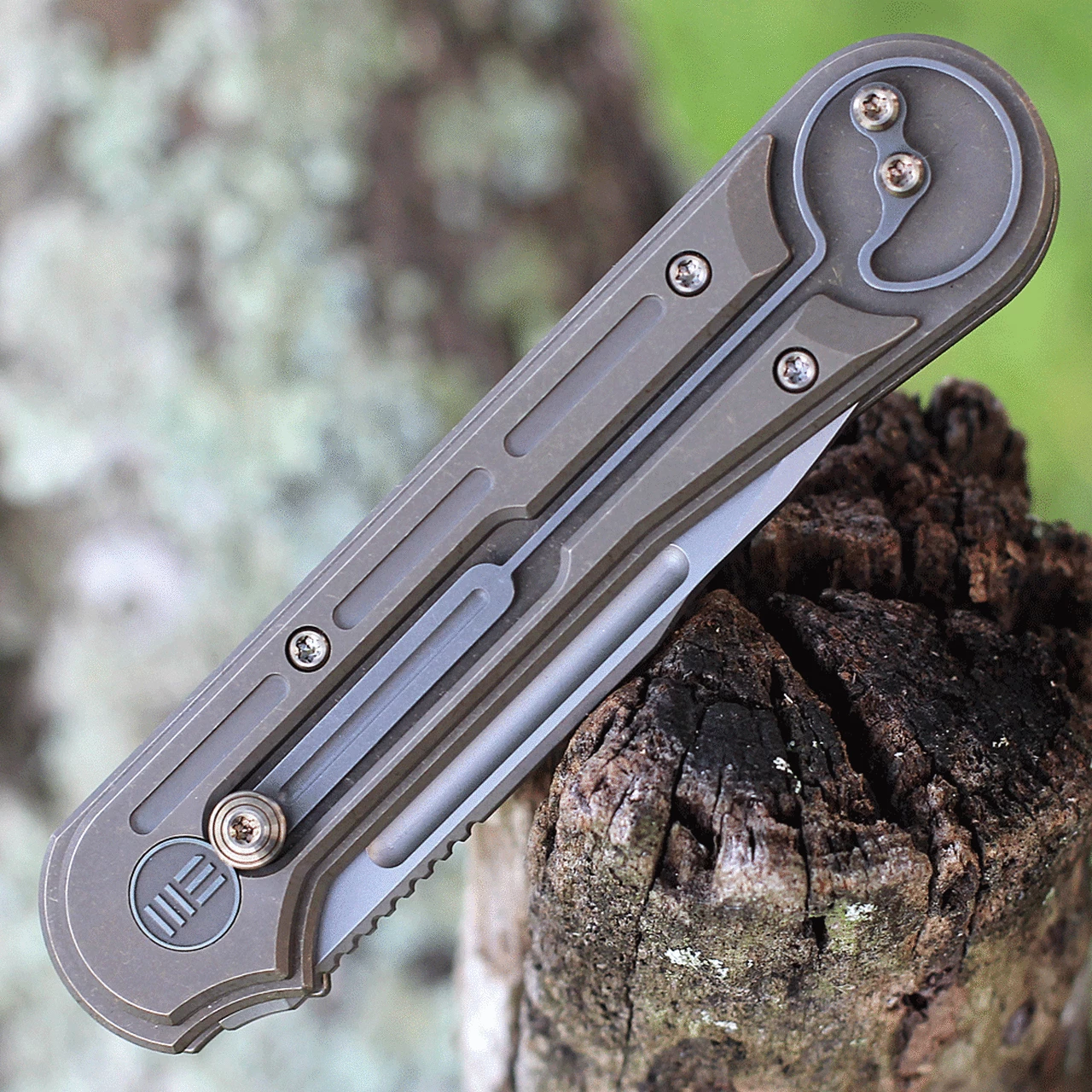 We Knife Co. We Knife Double Helix Folder 815B, 3.3" CPM S35VN Stonewash Drop Point Plain Blade, Bronze Titanium Handle 4 We Knife Co. We Knife Double Helix Folder 815B, 3.3" CPM S35VN Stonewash Drop Point Plain Blade, Bronze Titanium Handle - Image 4