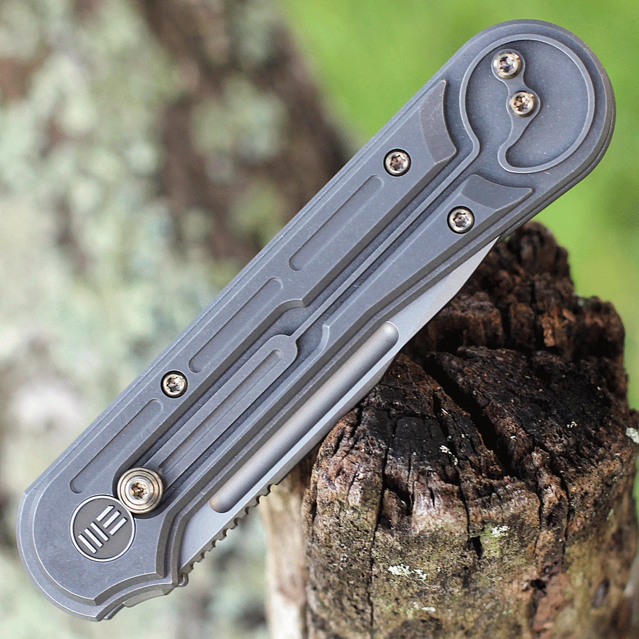 We Knife Co. We Knife Double Helix Folder 815F, 3.3" CPM S35VN Stonewash Drop Point Plain Blade, Gray Titanium Handle 4 We Knife Co. We Knife Double Helix Folder 815F, 3.3" CPM S35VN Stonewash Drop Point Plain Blade, Gray Titanium Handle - Image 4