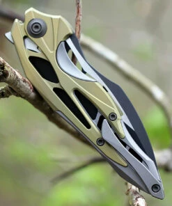 We Knife Co. WE Knife 906A Arrakis, 3.45" M390 Black/Satin Plain Wharncliffe Blade, Gold/Grey Titanium Handle -Buck Knives Sales we906a.1 40205.1566586267